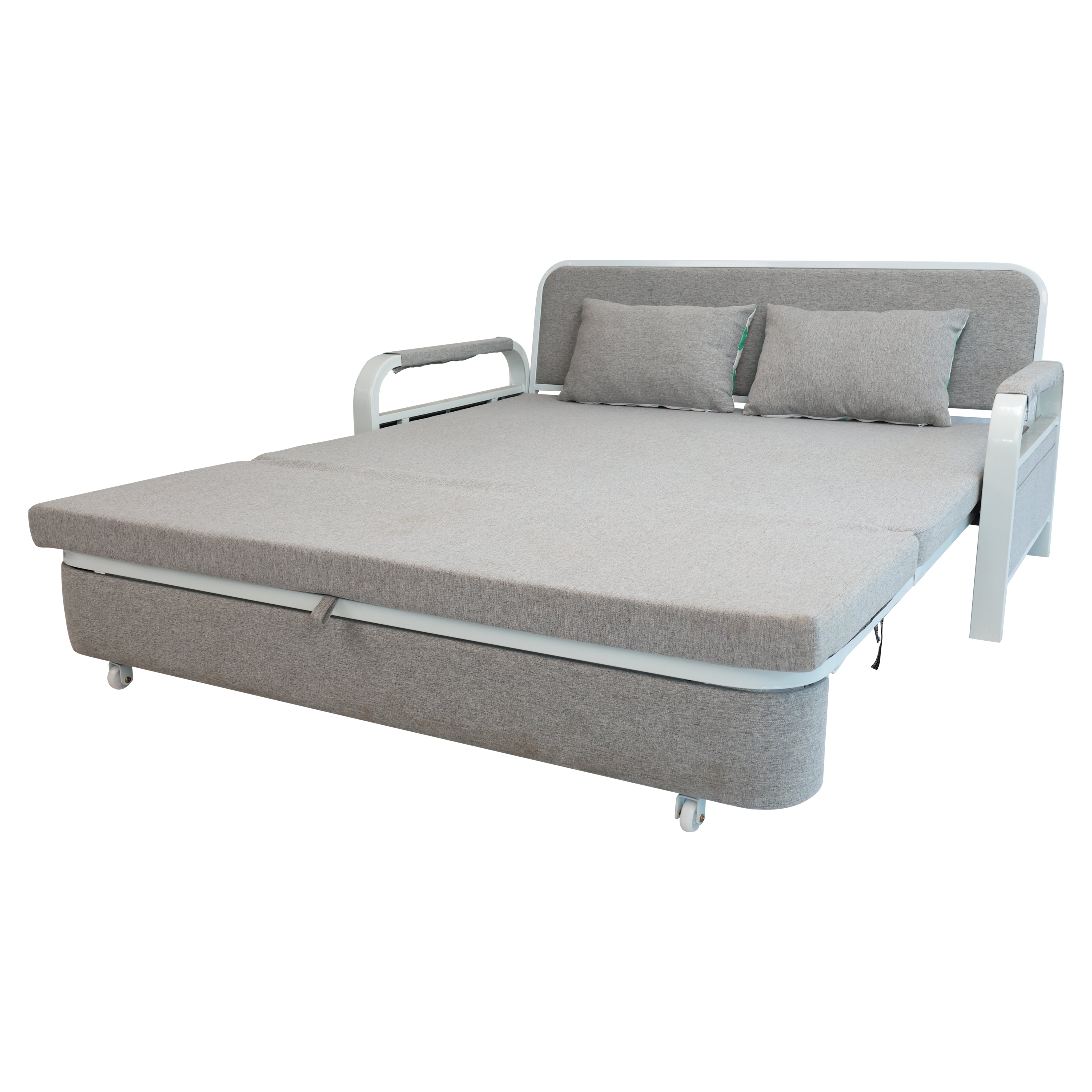 Eeeza Convertible Sofa Bed with Pillows, Side Pockects and Storage Compartment, Carbon Steel and Linen Cotton