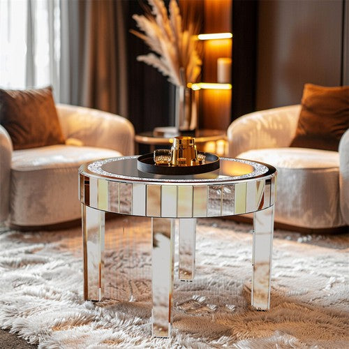 Silver Glass Coffee Table Highly Reflective Mirrored Accent Table Diamond Inlay