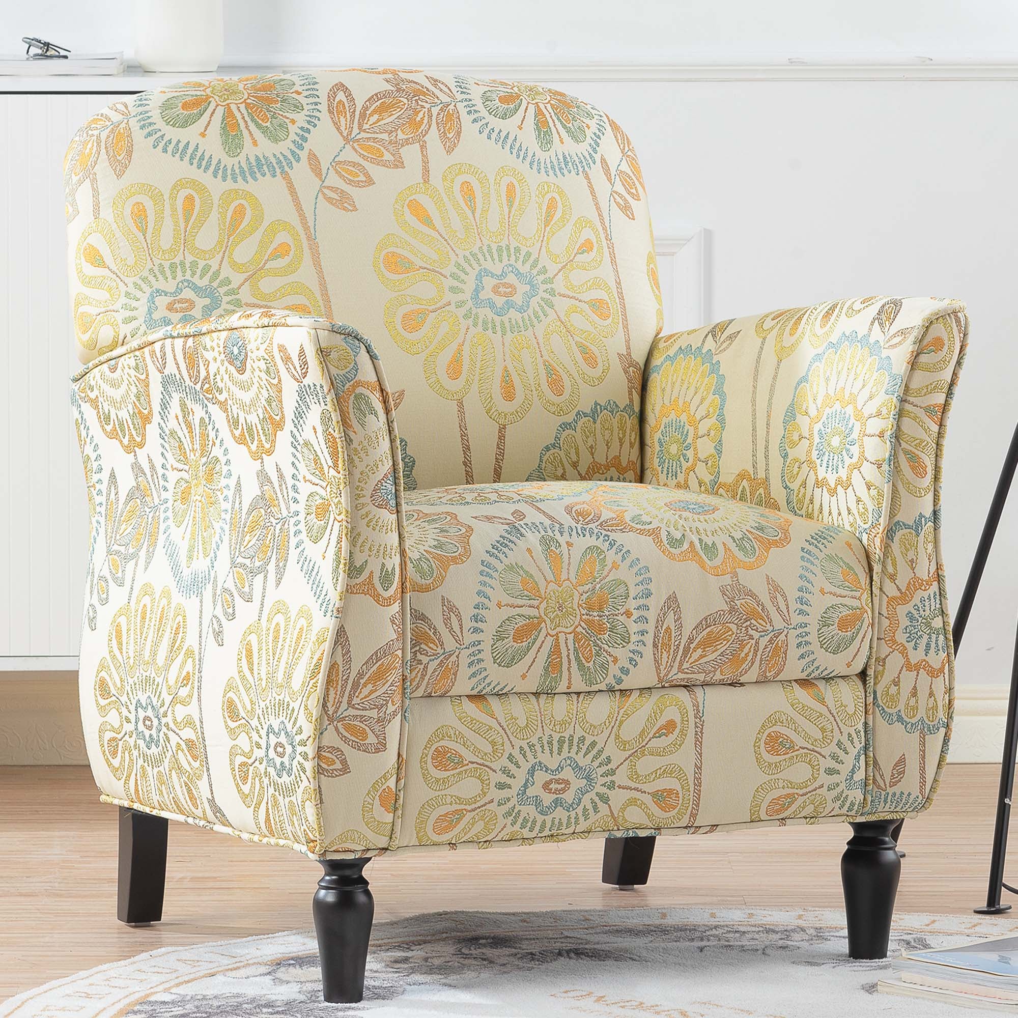 Vintage Floral Accent Armchair for Living Room, Fabric, Birch