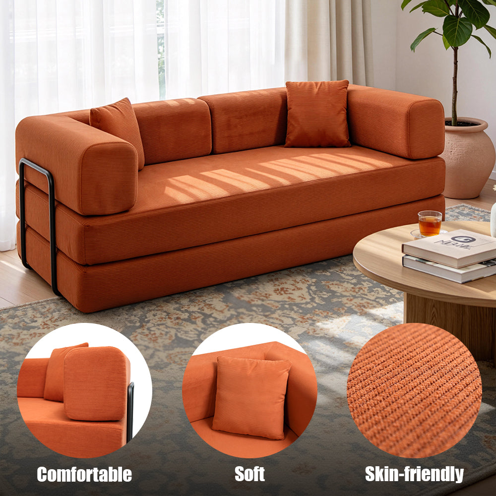 Folding corduroy sofa bed with pillows