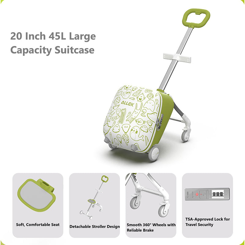 20" Children Travel Suitcase With Seat And Rider Capabilities,Anti Rollover, Carry-on Luggage Lightweight