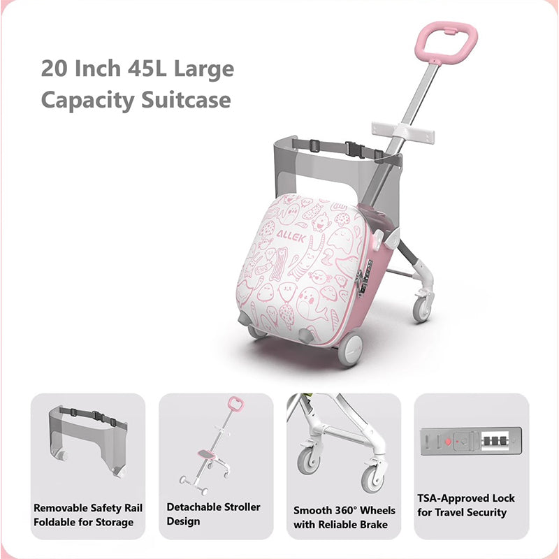 20" Children Travel Suitcase With Seat And Rider Capabilities,Anti Rollover, Carry-on Luggage Lightweight