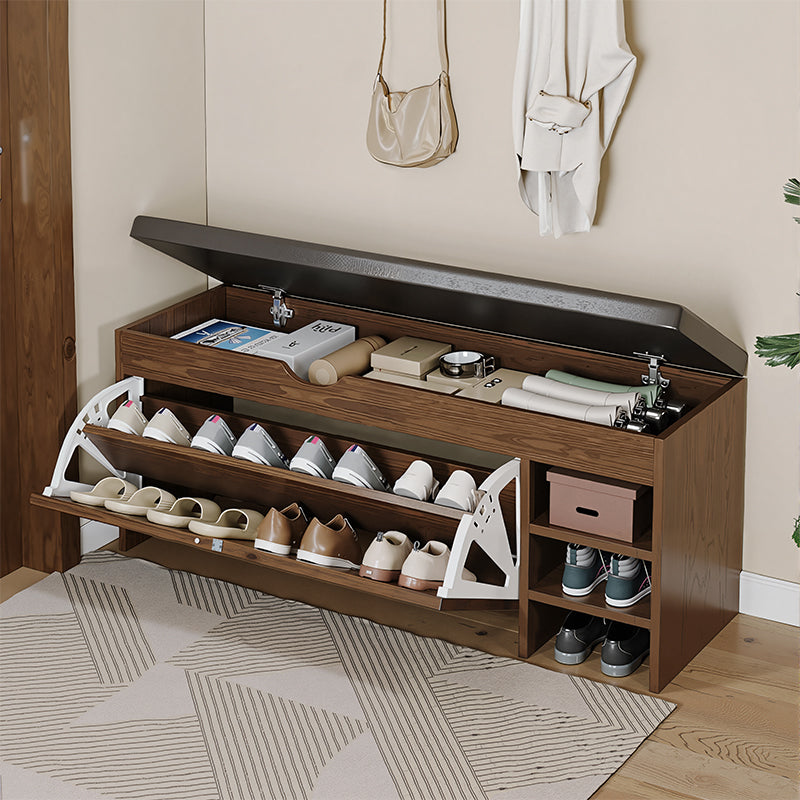 Eeeza Flip-Top Shoe Storage Bench with Padded Seat & Adjustable Shelves – Walnut Finish