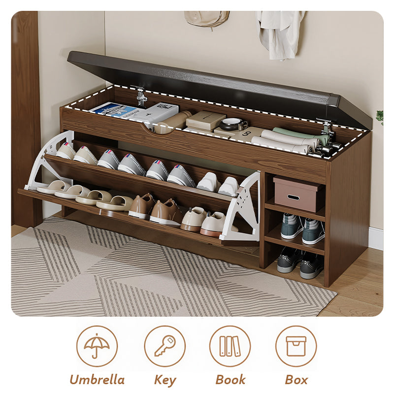 Eeeza Flip-Top Shoe Storage Bench with Padded Seat & Adjustable Shelves – Walnut Finish