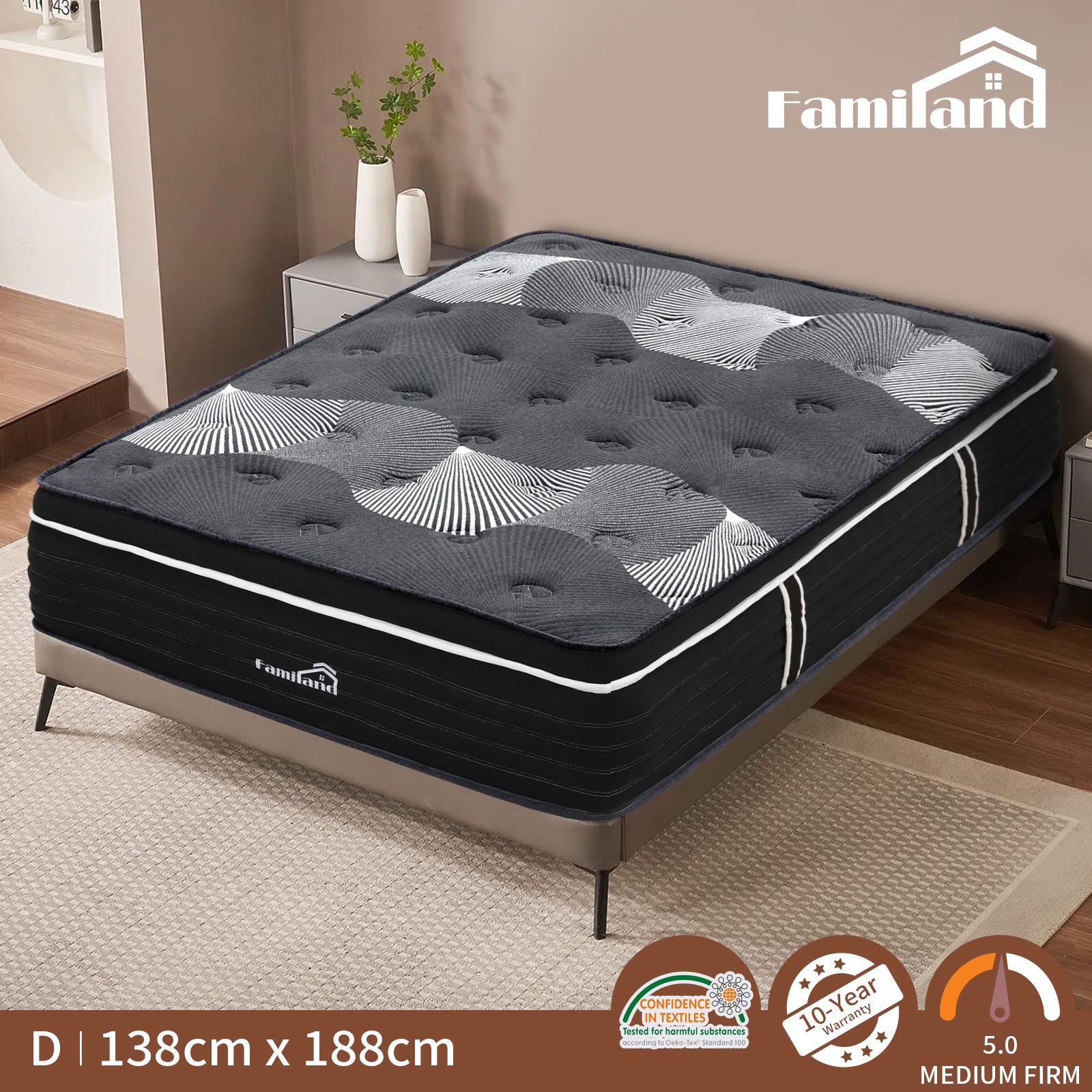 Familand Queen Double King Single Mattress Pocket Spring Bamboo Charcoal Memory Foam