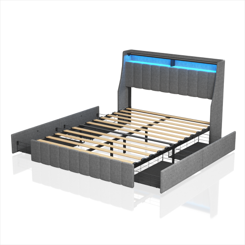 Queen Size Bed Frame with LED, 4 Under-bed Portable Storage Drawers, Wings Headboard Design, Light G
