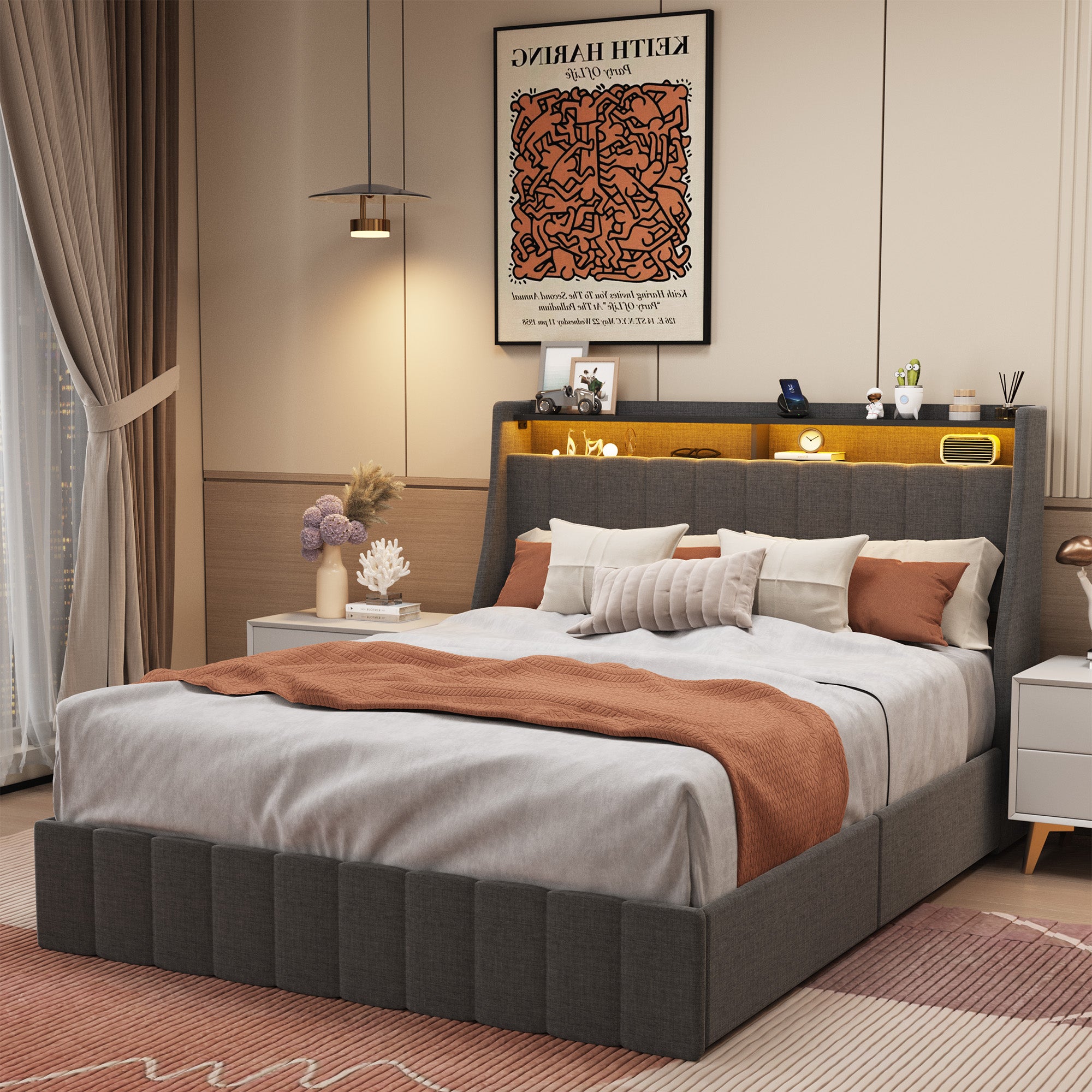 Queen Size Bed Frame with LED, 4 Under-bed Portable Storage Drawers
