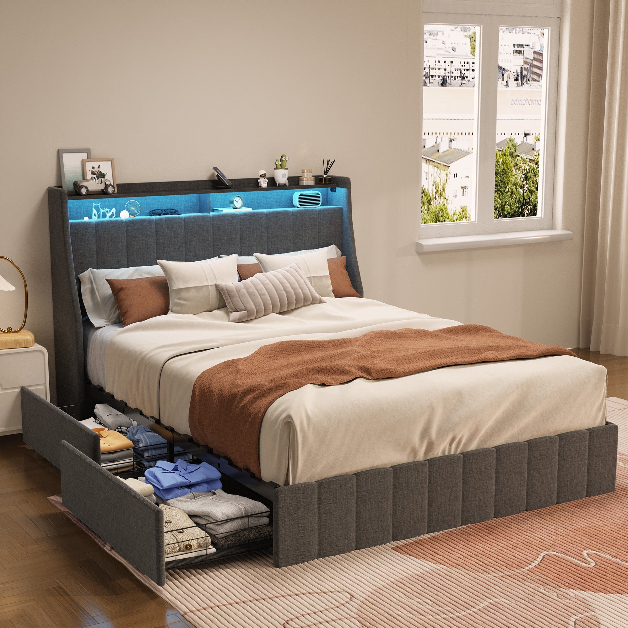 Queen Size Bed Frame with LED, 4 Under-bed Portable Storage Drawers