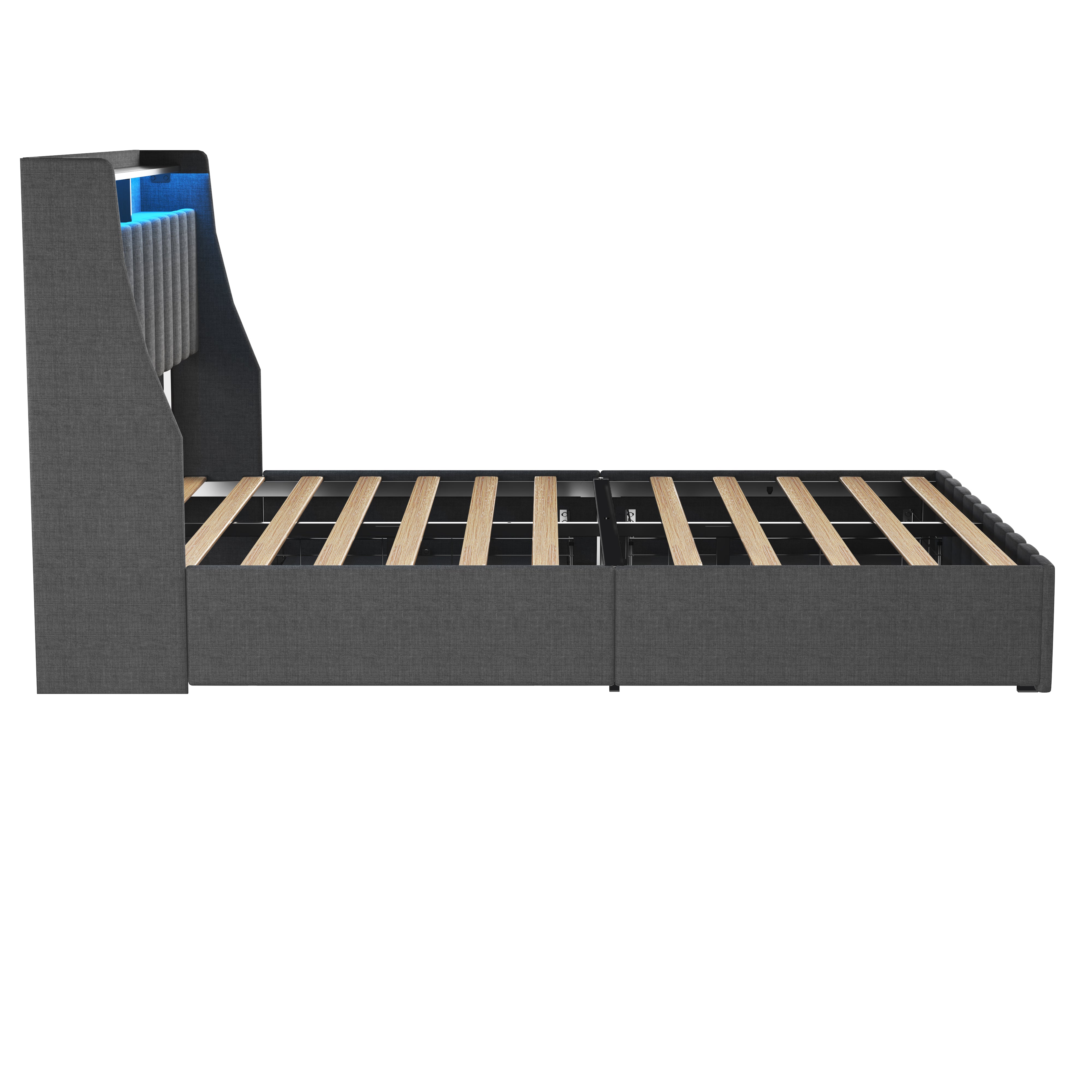 Queen Size Bed Frame with LED, 4 Under-bed Portable Storage Drawers