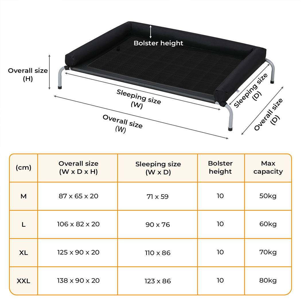 Tedi's Elevated Raised Dog Bed Pet Trampoline Hammock Mesh Sofa Bolster Pillow Black