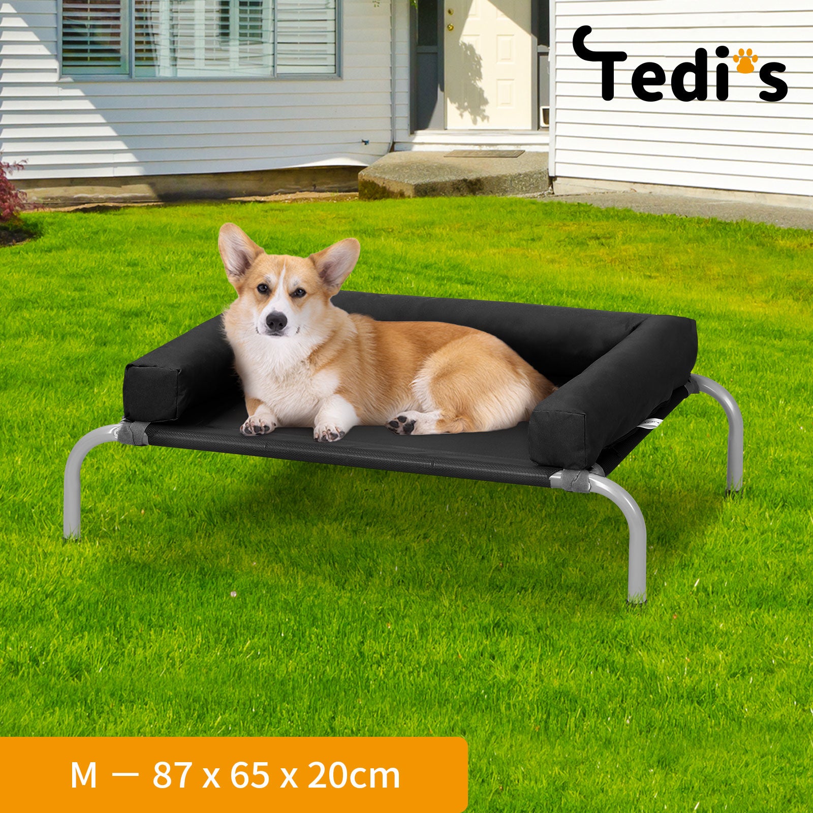 Tedi's Elevated Raised Dog Bed Pet Trampoline Hammock Mesh Sofa Bolster Pillow Black