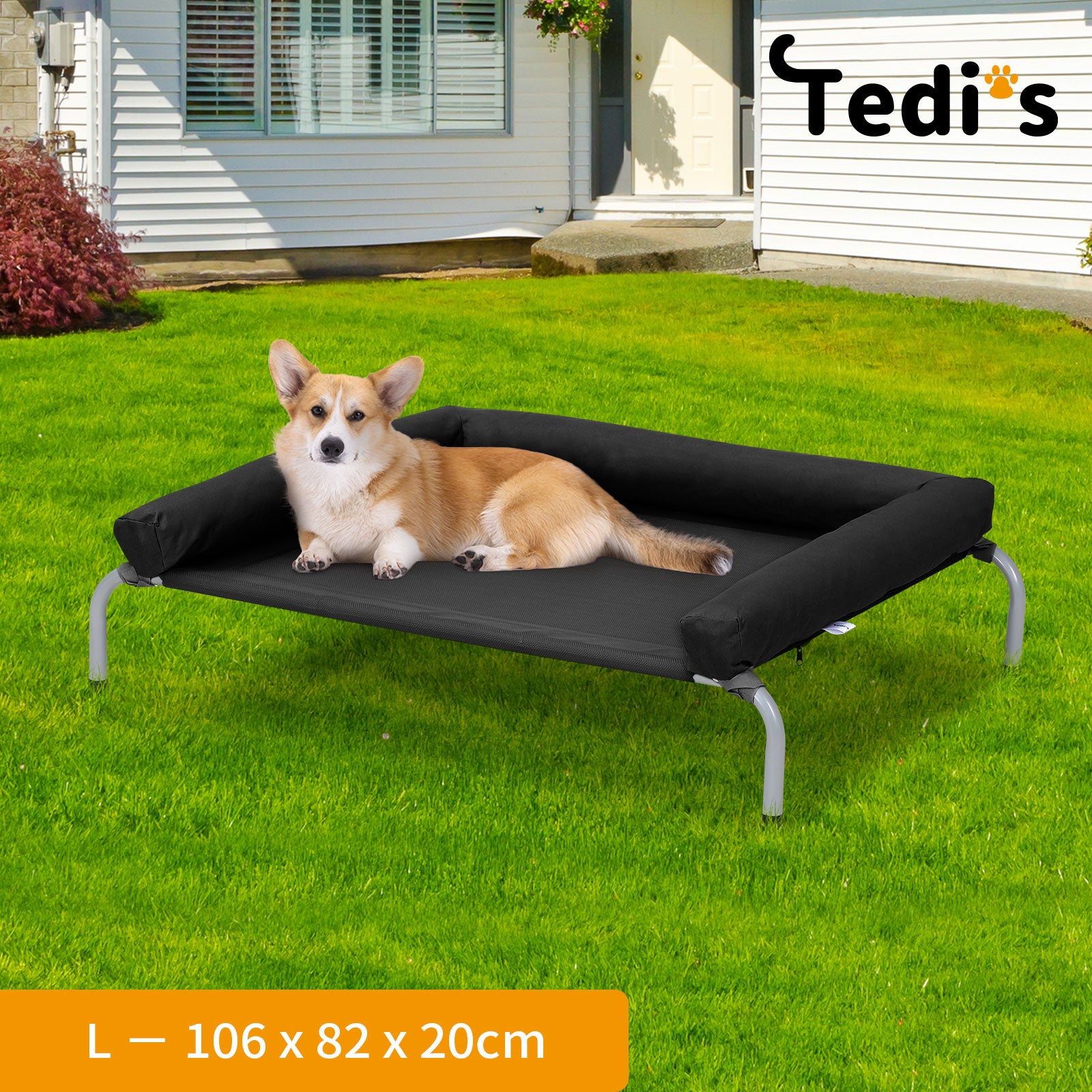 Tedi's Elevated Raised Dog Bed Pet Trampoline Hammock Mesh Sofa Bolster Pillow Black