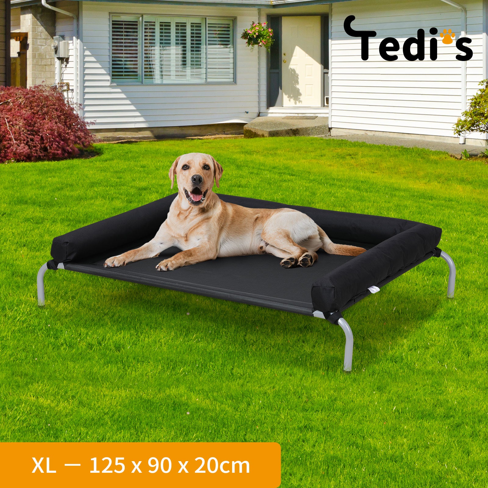 Tedi's Elevated Raised Dog Bed Pet Trampoline Hammock Mesh Sofa Bolster Pillow Black