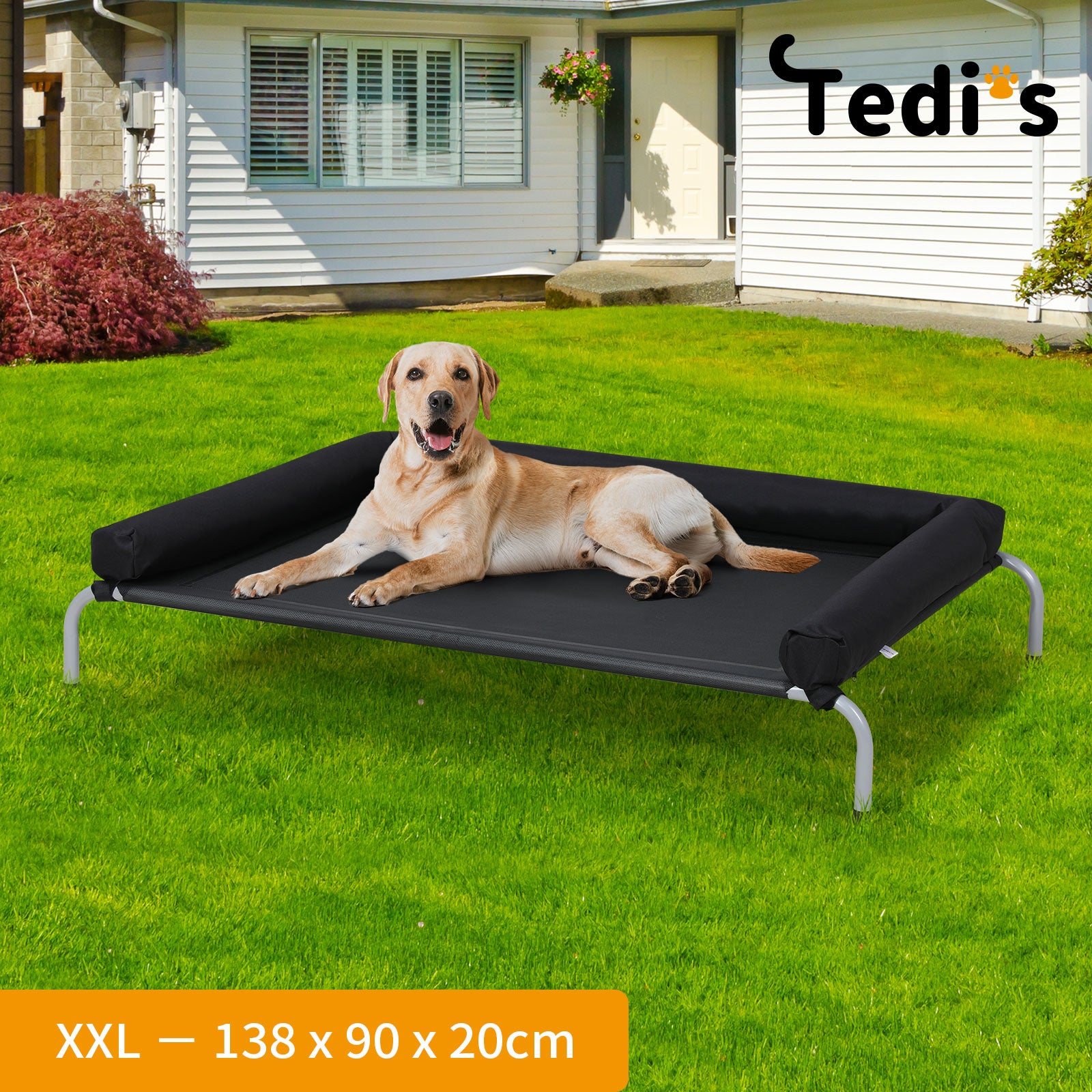 Tedi's Elevated Raised Dog Bed Pet Trampoline Hammock Mesh Sofa Bolster Pillow Black
