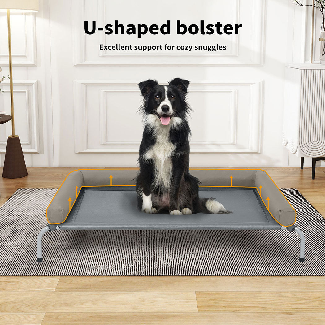 Tedi's Elevated Raised Dog Bed Pet Trampoline Hammock Mesh Sofa Bolster Pillow Grey