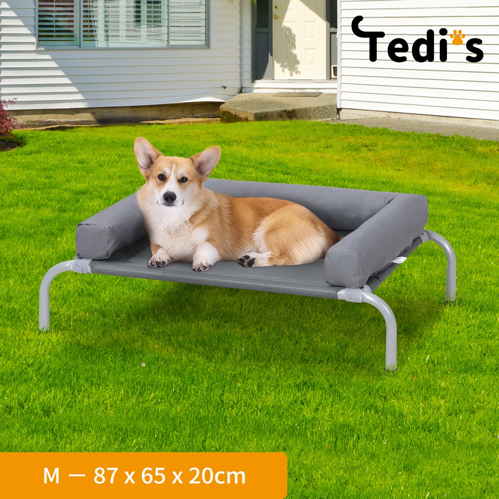 Tedi's Elevated Raised Dog Bed Pet Trampoline Hammock Mesh Sofa Bolster Pillow Grey