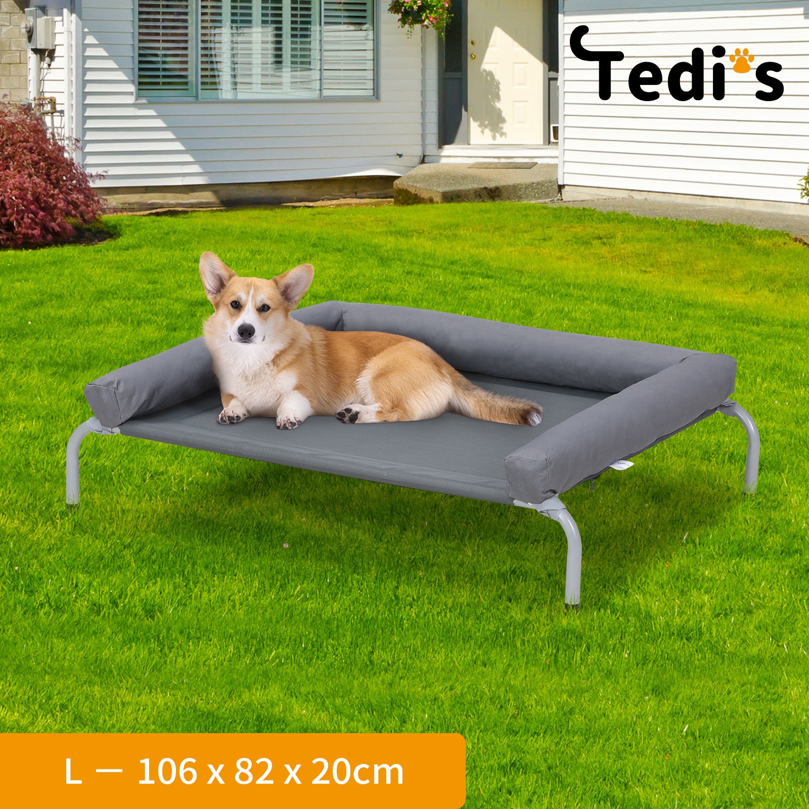 Tedi's Elevated Raised Dog Bed Pet Trampoline Hammock Mesh Sofa Bolster Pillow Grey