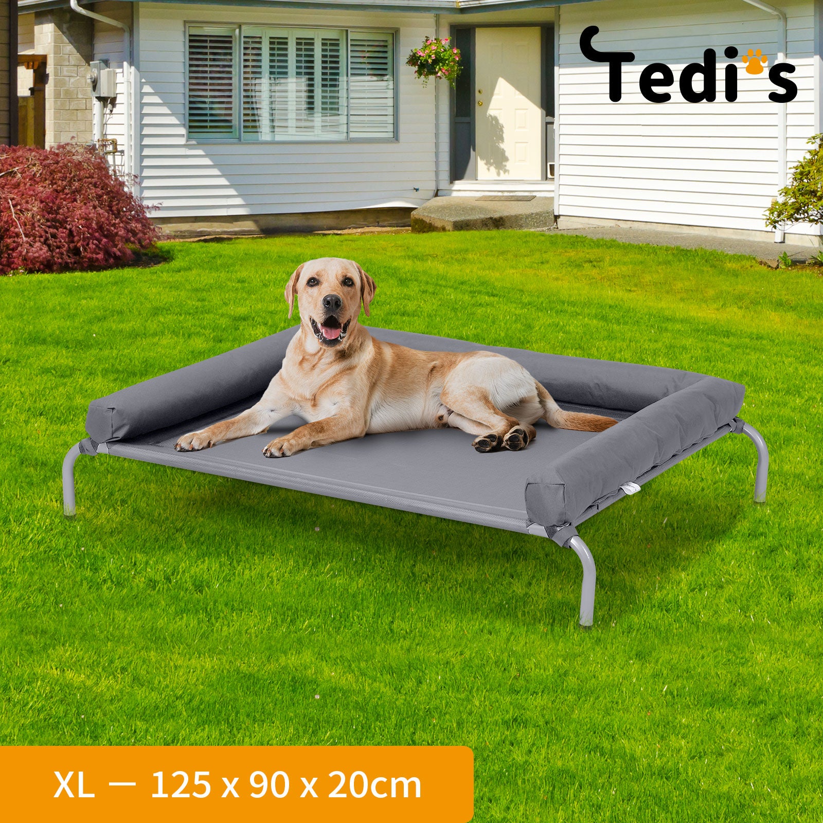 Tedi's Elevated Raised Dog Bed Pet Trampoline Hammock Mesh Sofa Bolster Pillow Grey