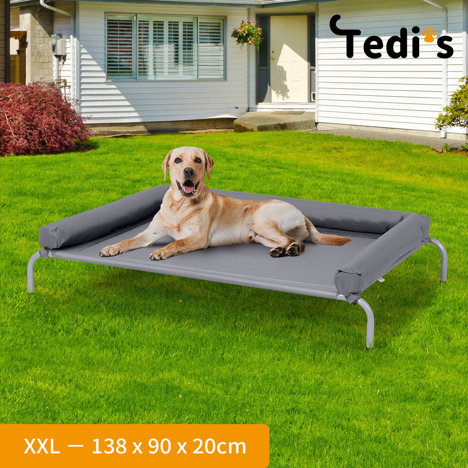 Tedi's Elevated Raised Dog Bed Pet Trampoline Hammock Mesh Sofa Bolster Pillow Grey