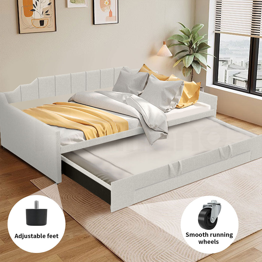 Familand Queen Daybed Trundle Bed Storage Drawer Upholstered Day Bed Frame Cream