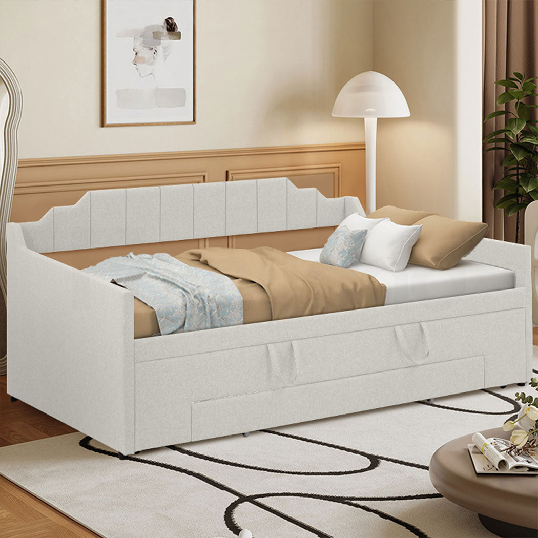 Familand Queen Daybed Trundle Bed Storage Drawer Upholstered Day Bed Frame Cream