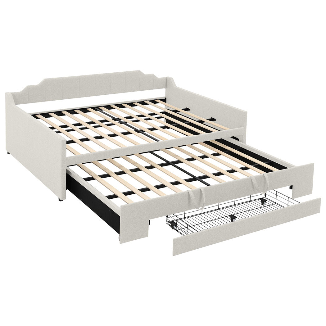 Familand Queen Daybed Trundle Bed Storage Drawer Upholstered Day Bed Frame Cream