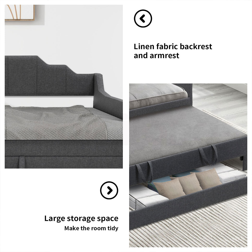 Familand Queen Daybed Trundle Bed Storage Drawer Upholstered Day Bed Frame Grey