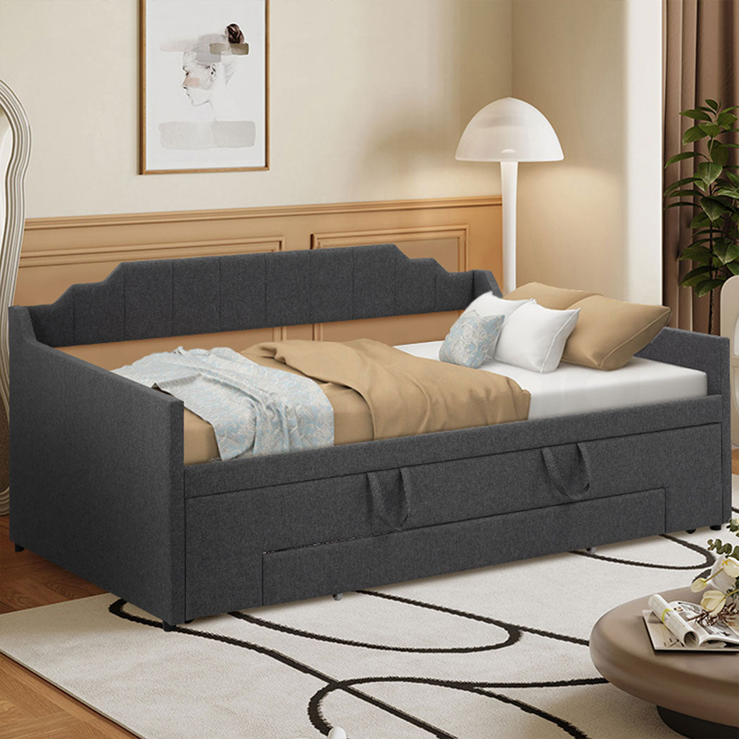 Familand Queen Daybed Trundle Bed Storage Drawer Upholstered Day Bed Frame Grey