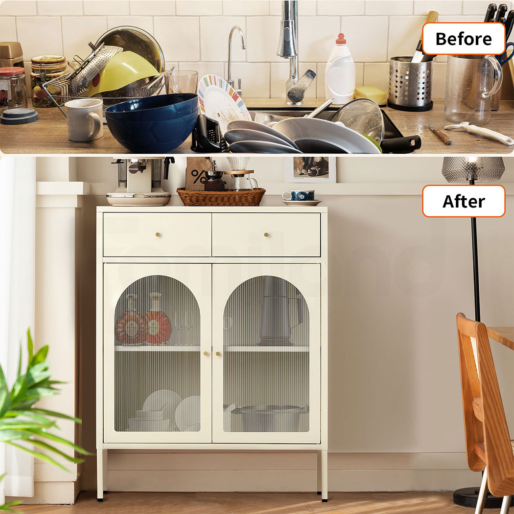 Familand Metal Buffet Sideboard Accent Storage Cabinet with 2x Drawers in Cream