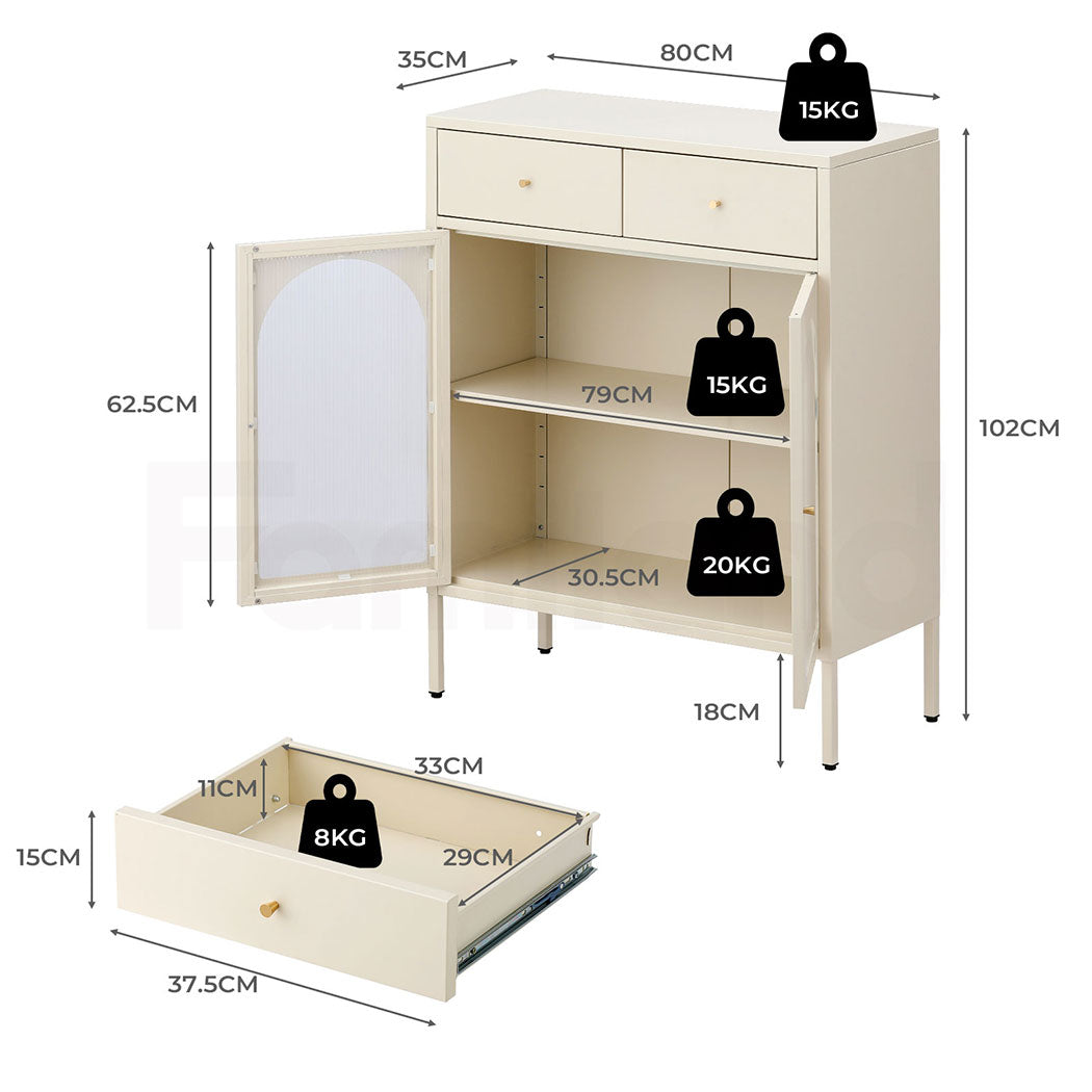 Familand Metal Buffet Sideboard Accent Storage Cabinet with 2x Drawers in Cream