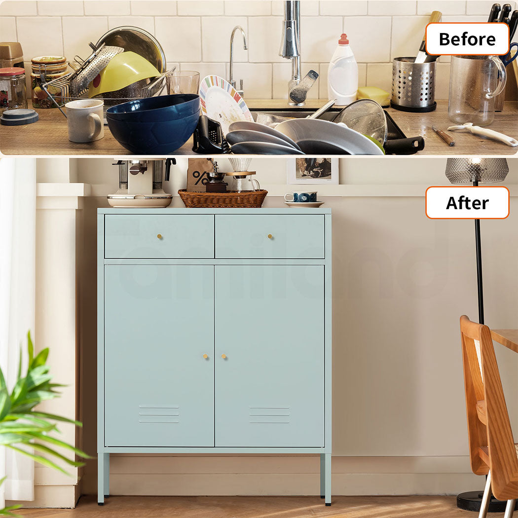 Familand Metal Buffet Sideboard Accent Storage Cabinet with 2x Drawers in Mint green