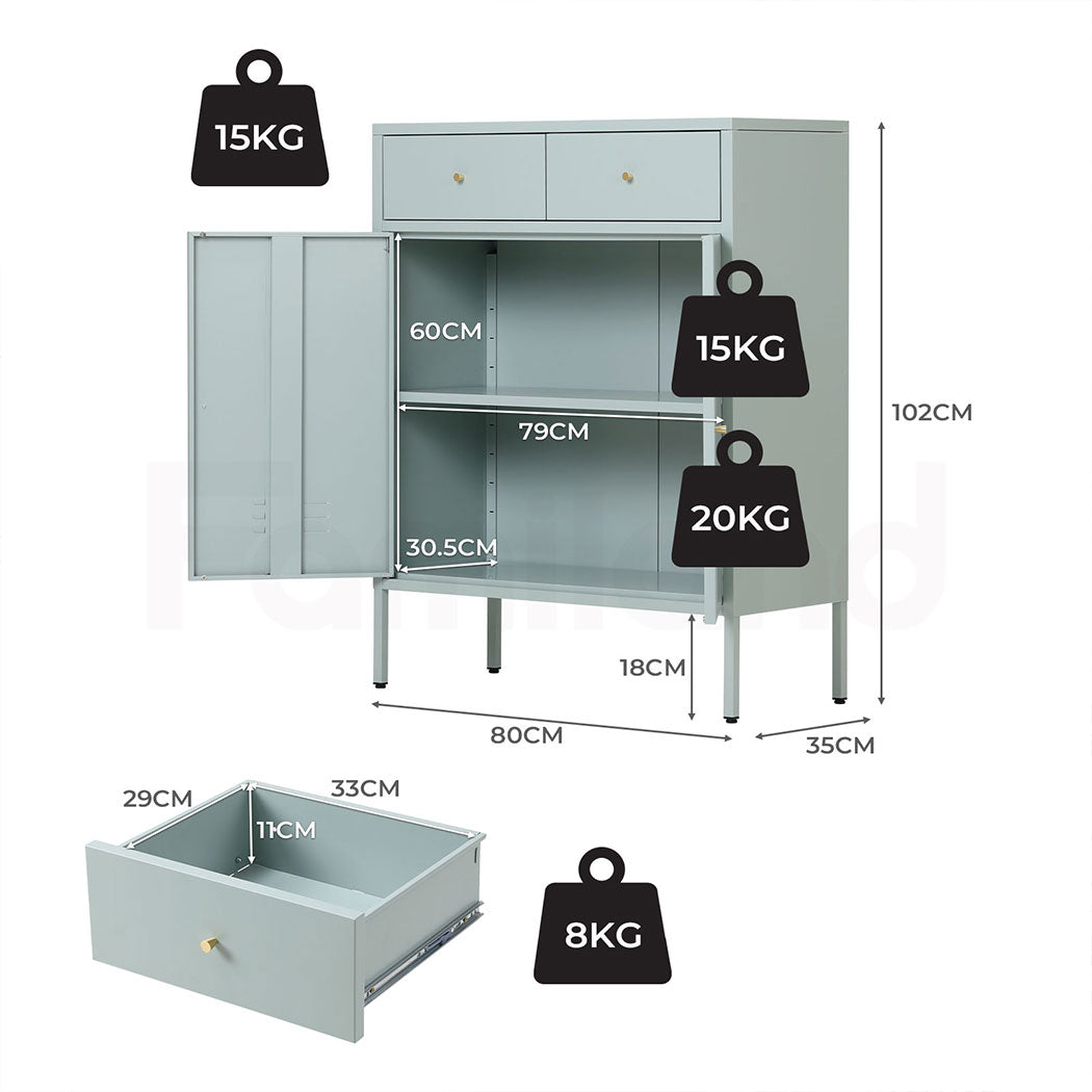 Familand Metal Buffet Sideboard Accent Storage Cabinet with 2x Drawers in Mint green