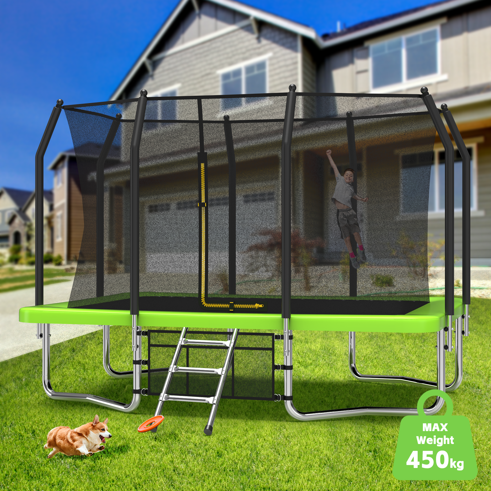 8FT x 11FT Rectangle Outdoor Trampoline, Recreational Trampoline for Kids with Safety Enclosure Net