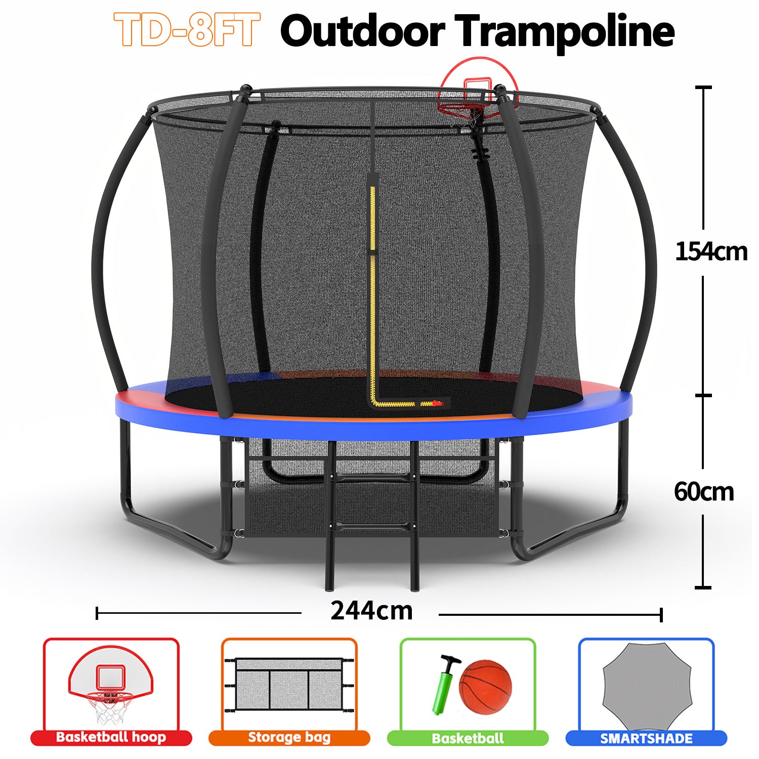 8FT Round Outdoor Trampoline with Net, Basketball Hoop for Trampoline Sunshade Cover