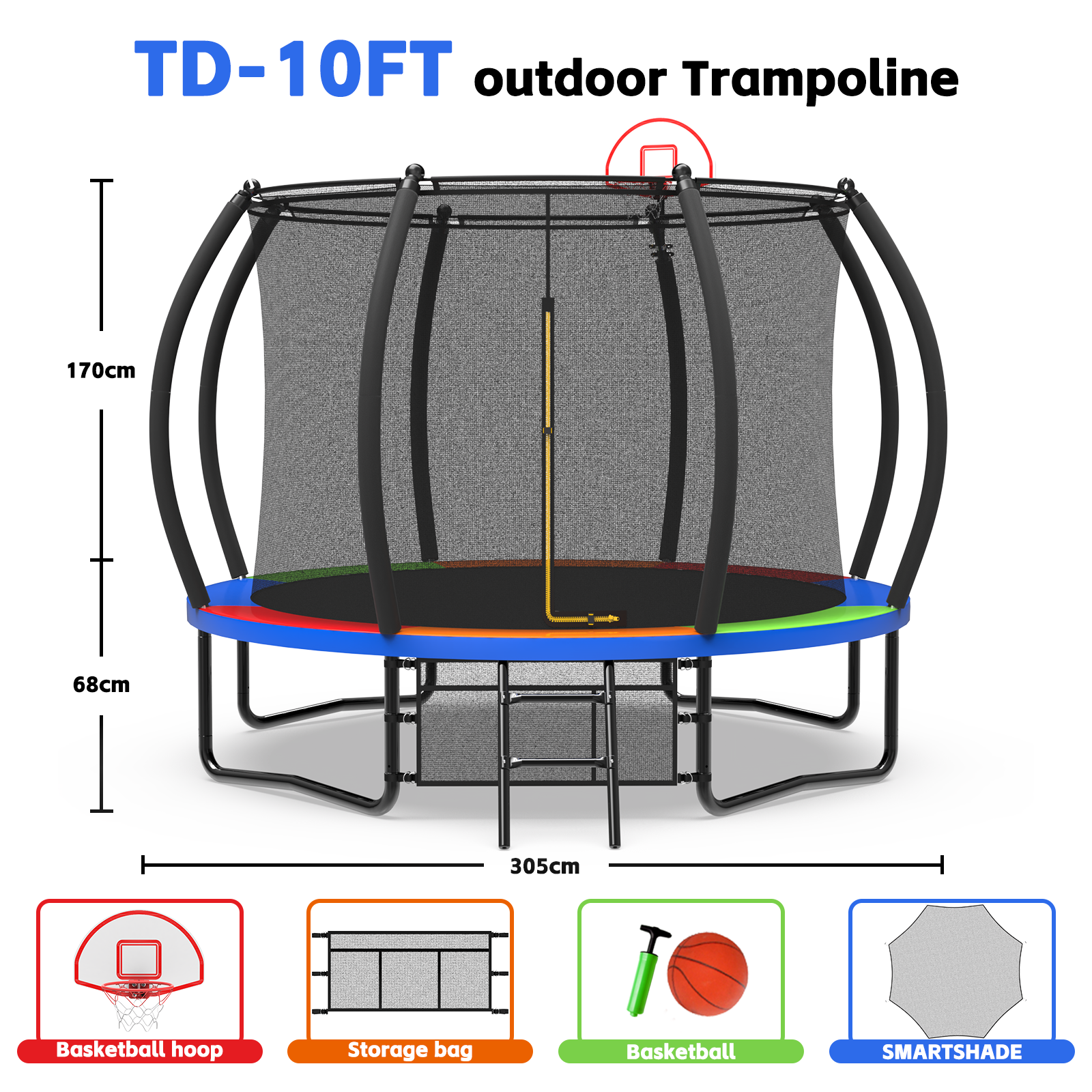 10FT Curved Trampoline For Kids With PE Sunshade Cover and Basketball Hoop