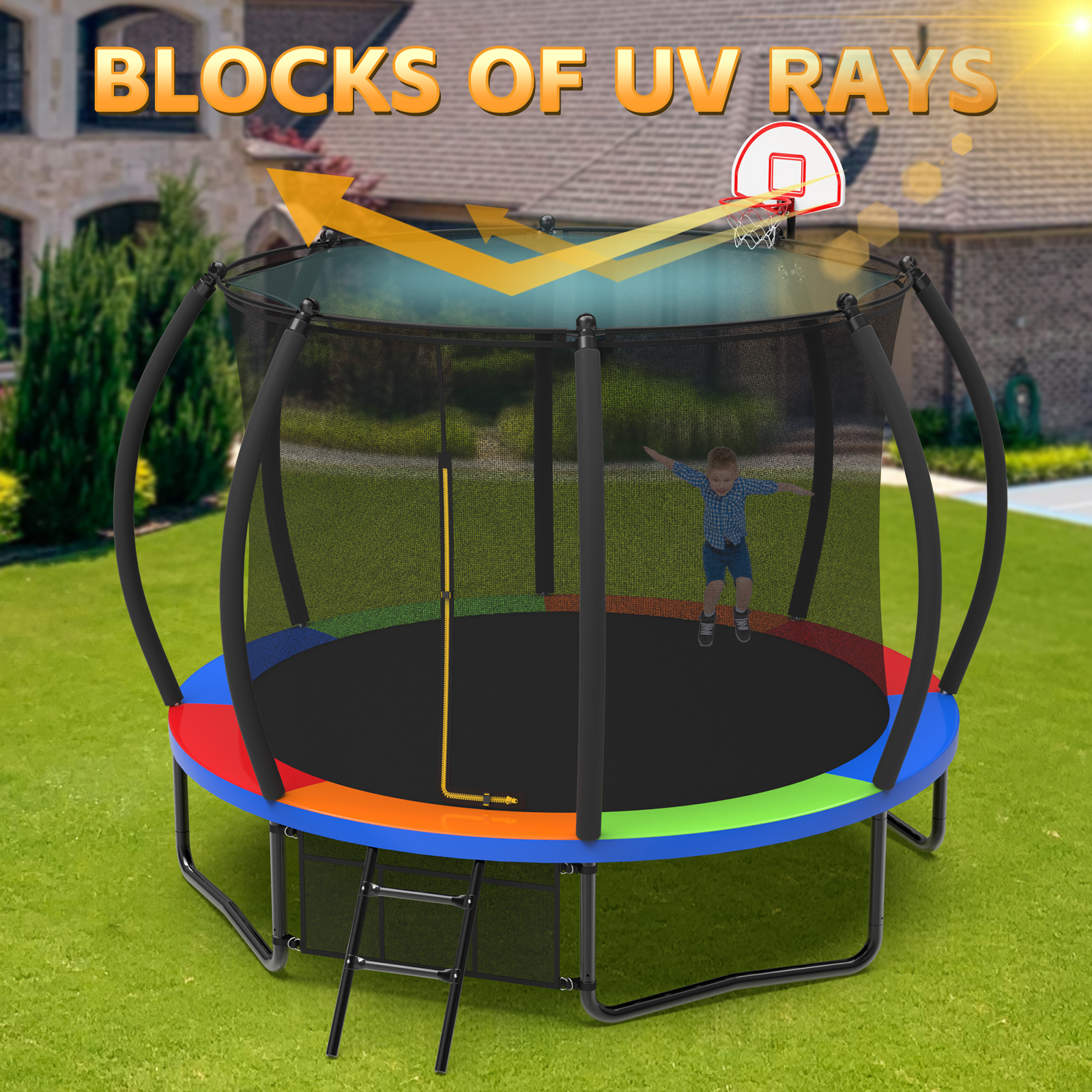 10FT Curved Trampoline For Kids With PE Sunshade Cover and Basketball Hoop