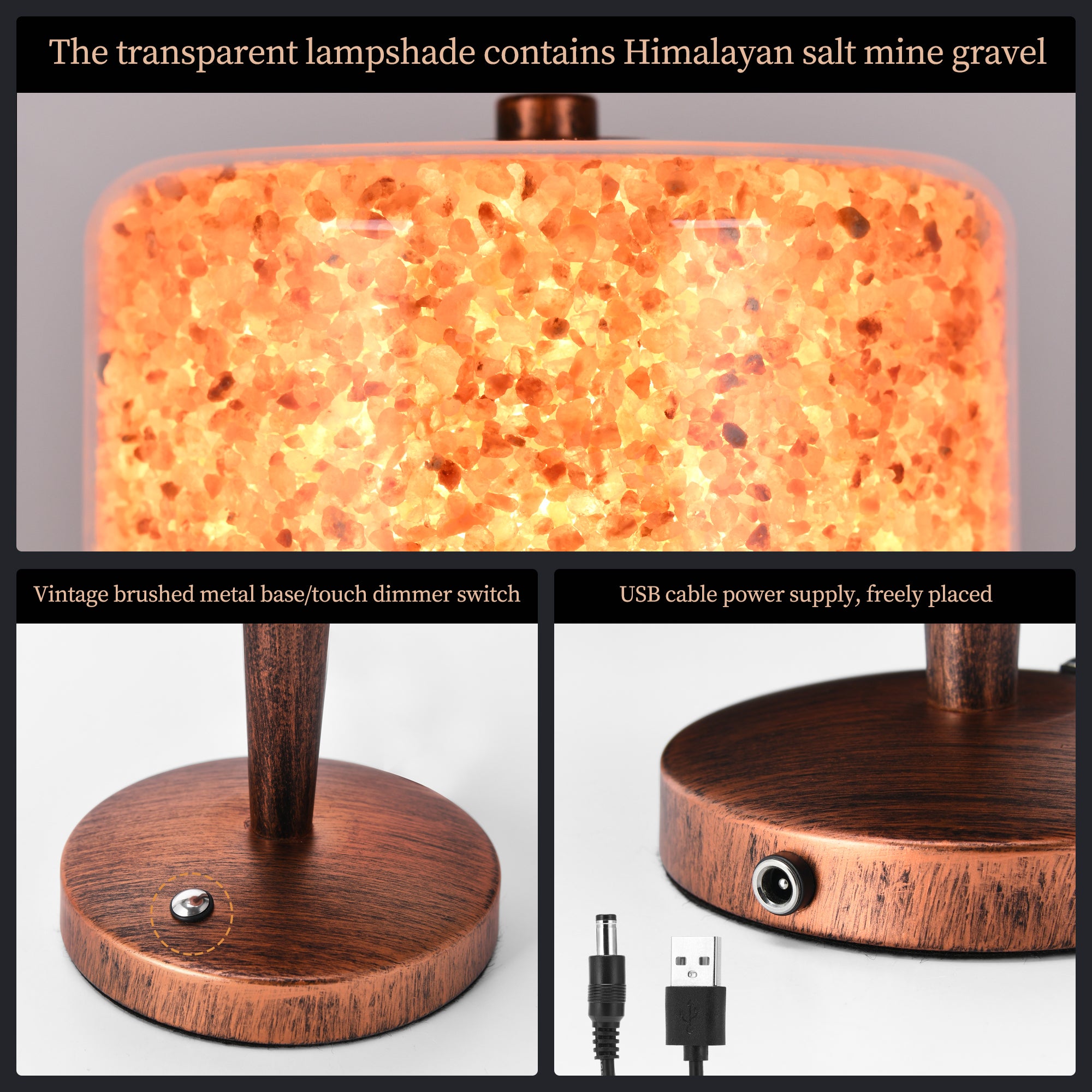 Large Himalayan Salt Lamp (1.6kg) Retro and exquisite craftsmanship, adjustable brightness USB lamp