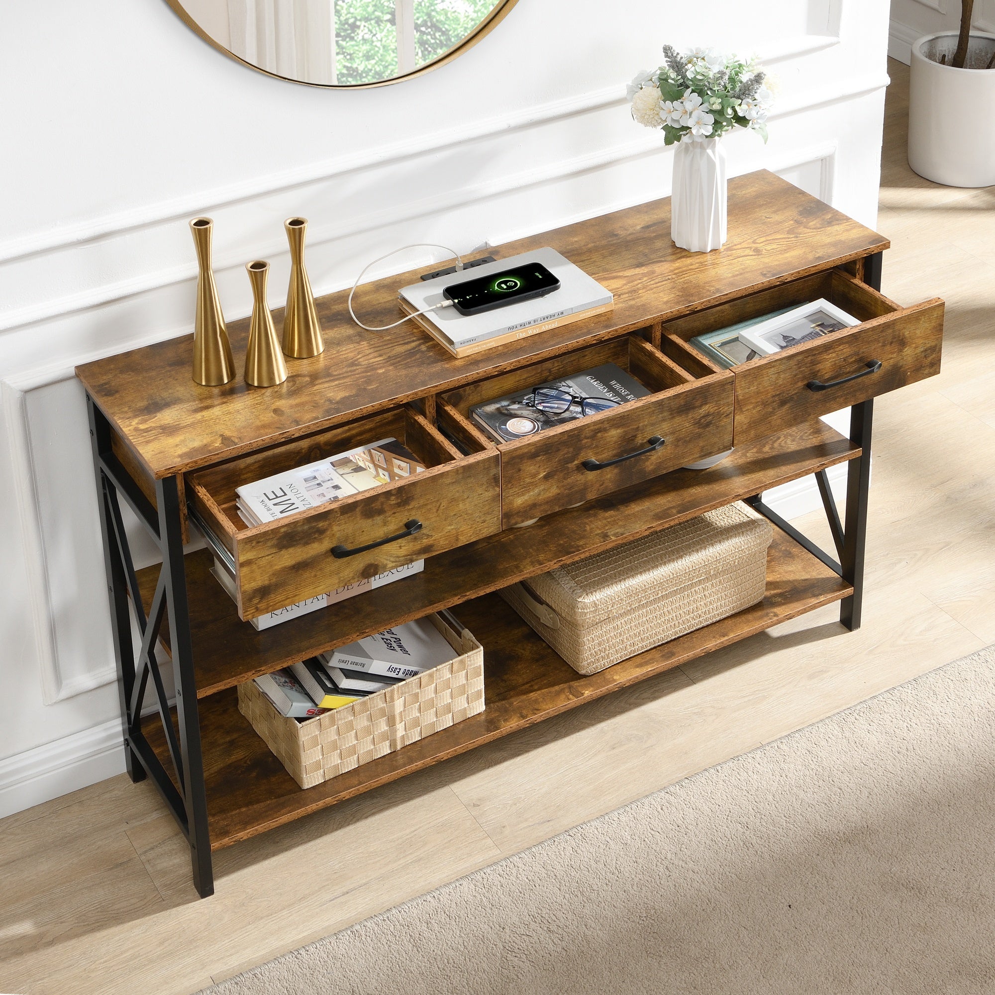 Console Table with 3 Drawers and Charging Station