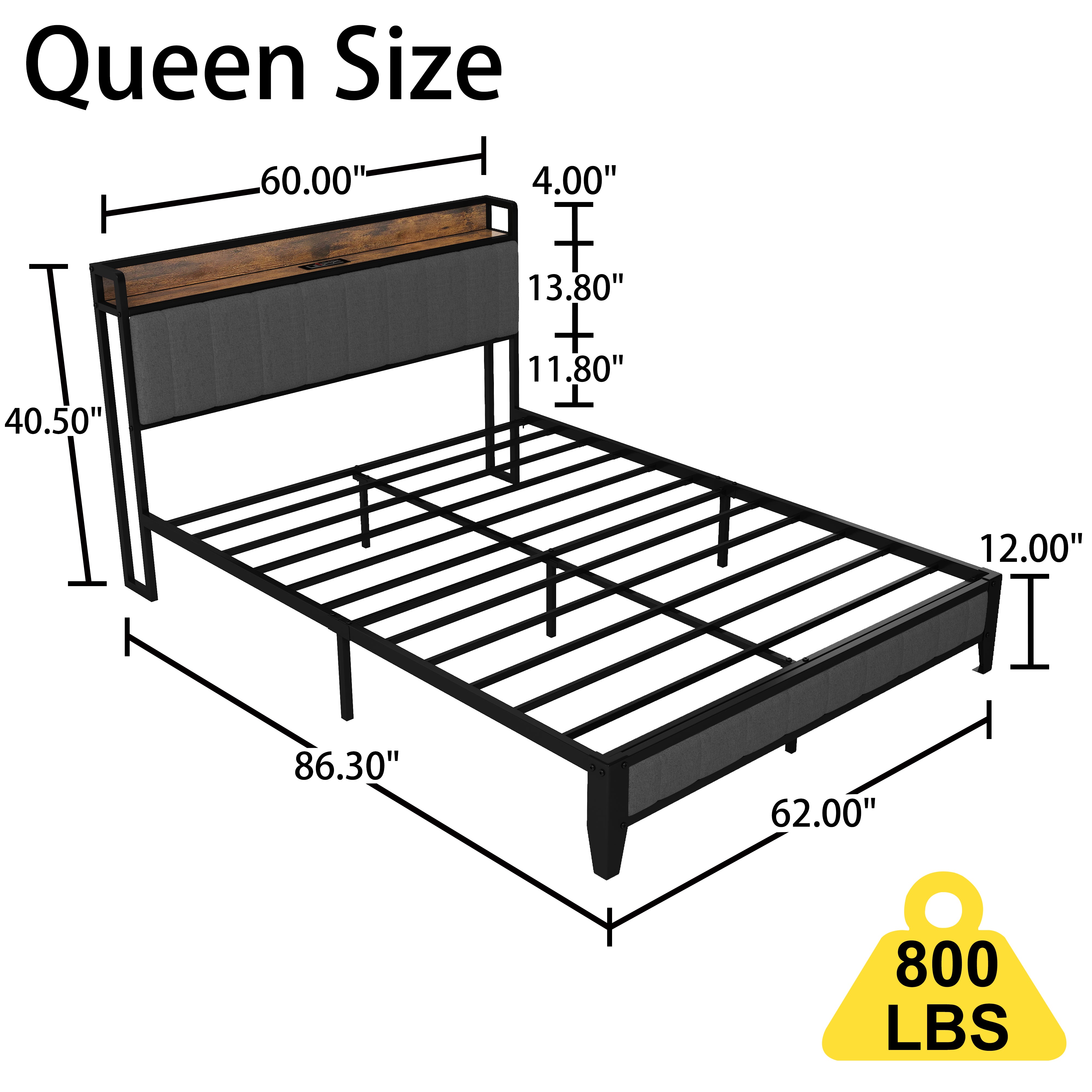 Full Size Bed Frame with Charging Station, Upholstered Headboard, Metal Platform, Grey