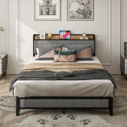 Full Size Bed Frame with Charging Station, Upholstered Headboard