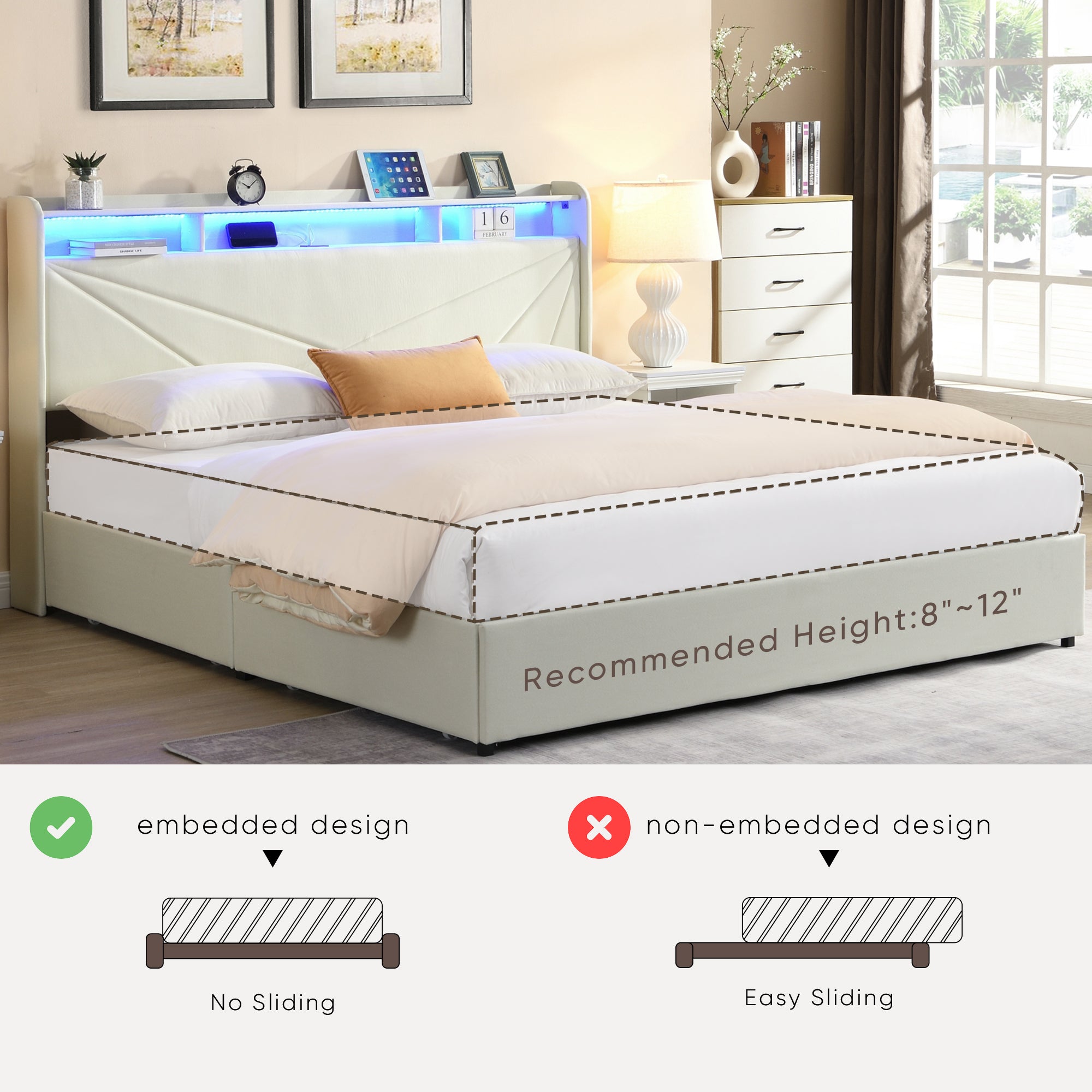 Gas Lift Upholstered Bed Frame with Storage,  LED Lights Headboard and Charging Station