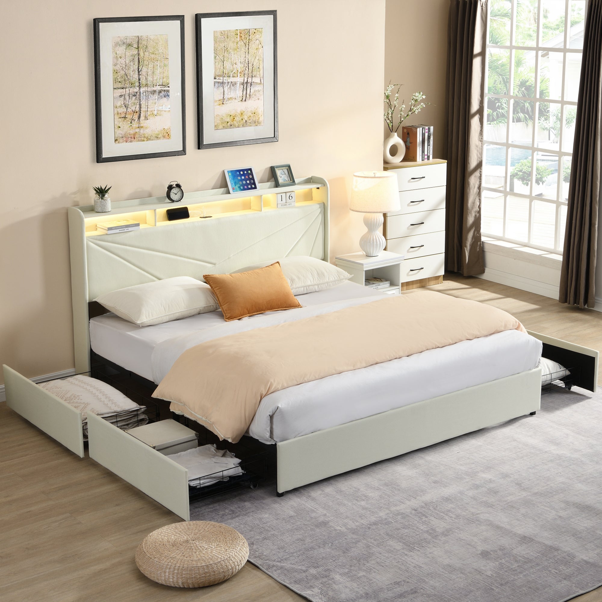 Gas Lift Upholstered Bed Frame with Storage,  LED Lights Headboard and Charging Station