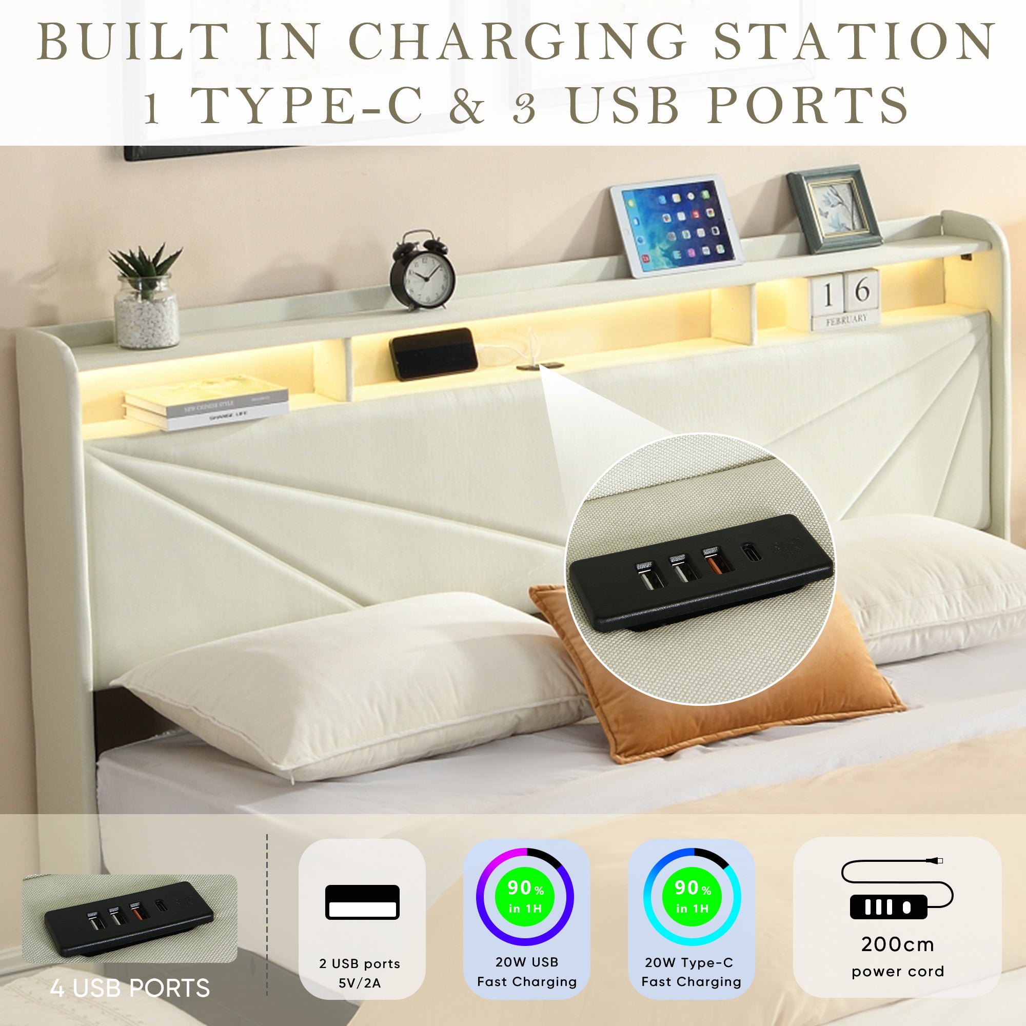 Gas Lift Upholstered Bed Frame with Storage,  LED Lights Headboard and Charging Station