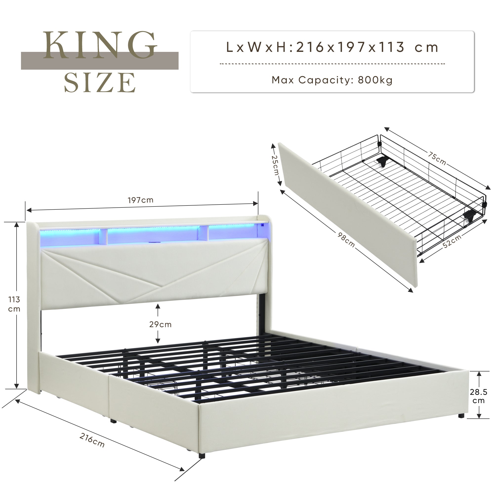 Gas Lift Upholstered Bed Frame with Storage,  LED Lights Headboard and Charging Station