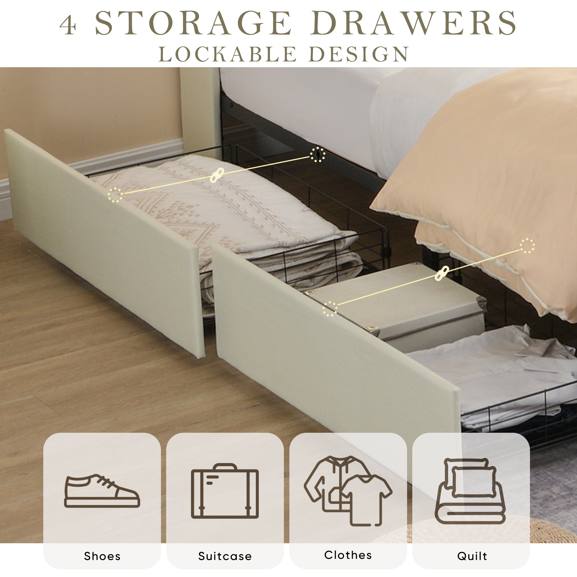 Gas Lift Upholstered Bed Frame with Storage,  LED Lights Headboard and Charging Station