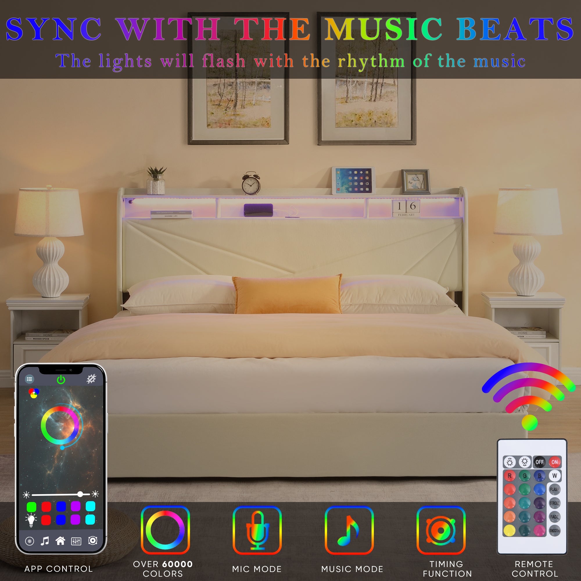 Gas Lift Upholstered Bed Frame with Storage,  LED Lights Headboard and Charging Station