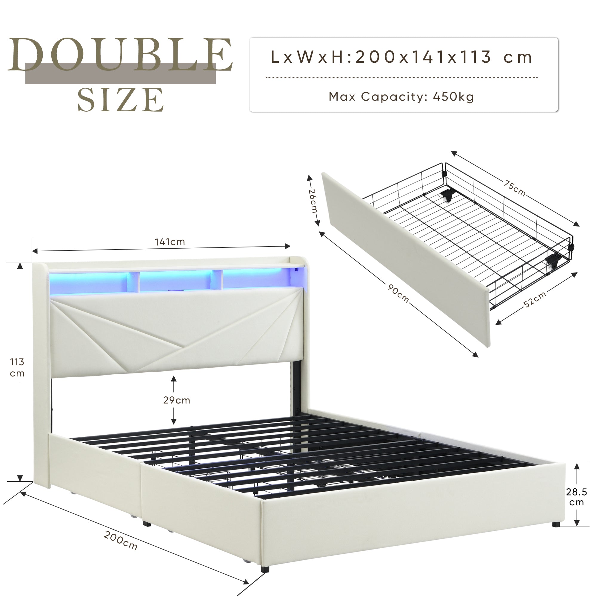 Gas Lift Upholstered Bed Frame with Storage,  LED Lights Headboard and Charging Station
