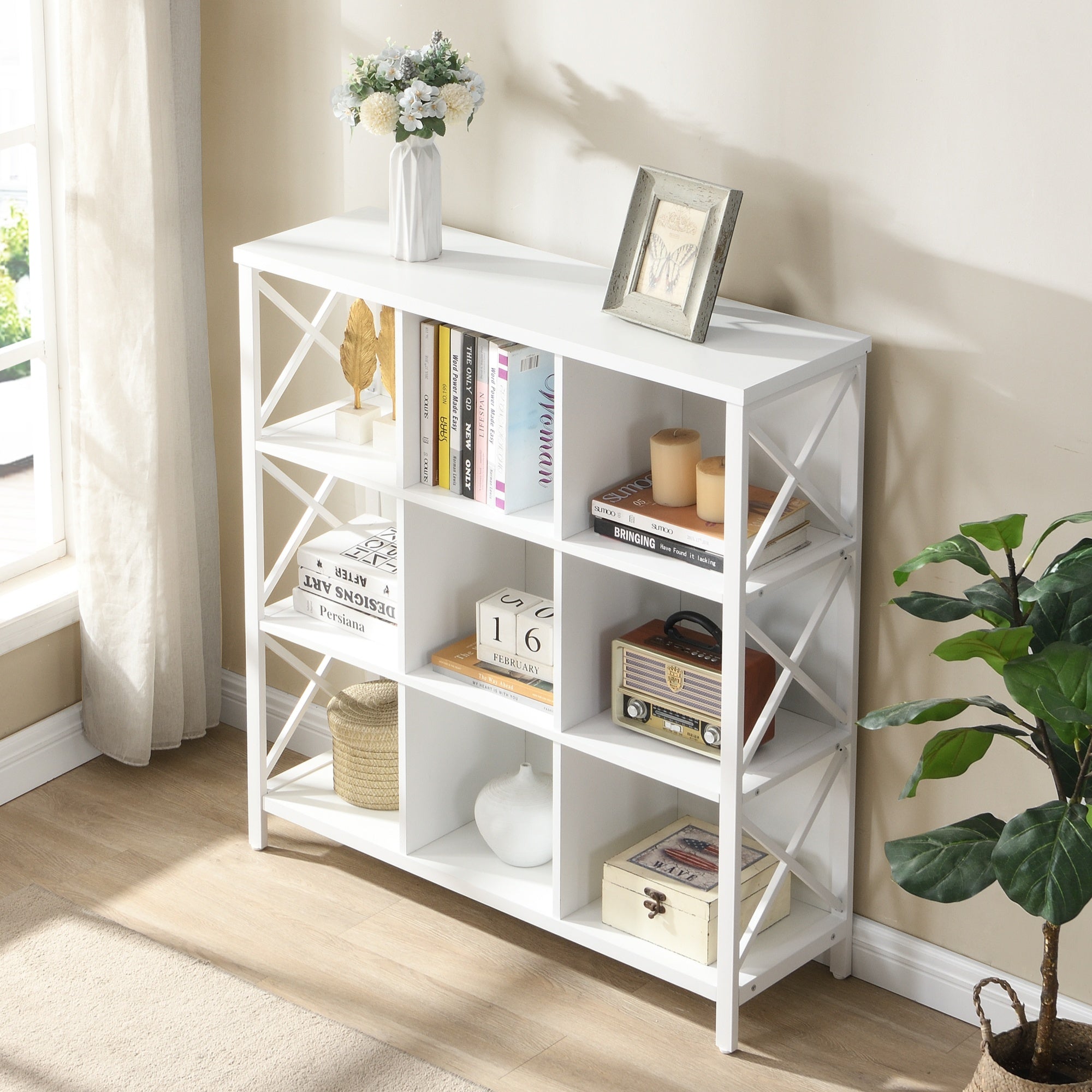 Rustic 9 Cube Storage Organizer Shelf, Industrial 4 Tier Cubby Bookcase