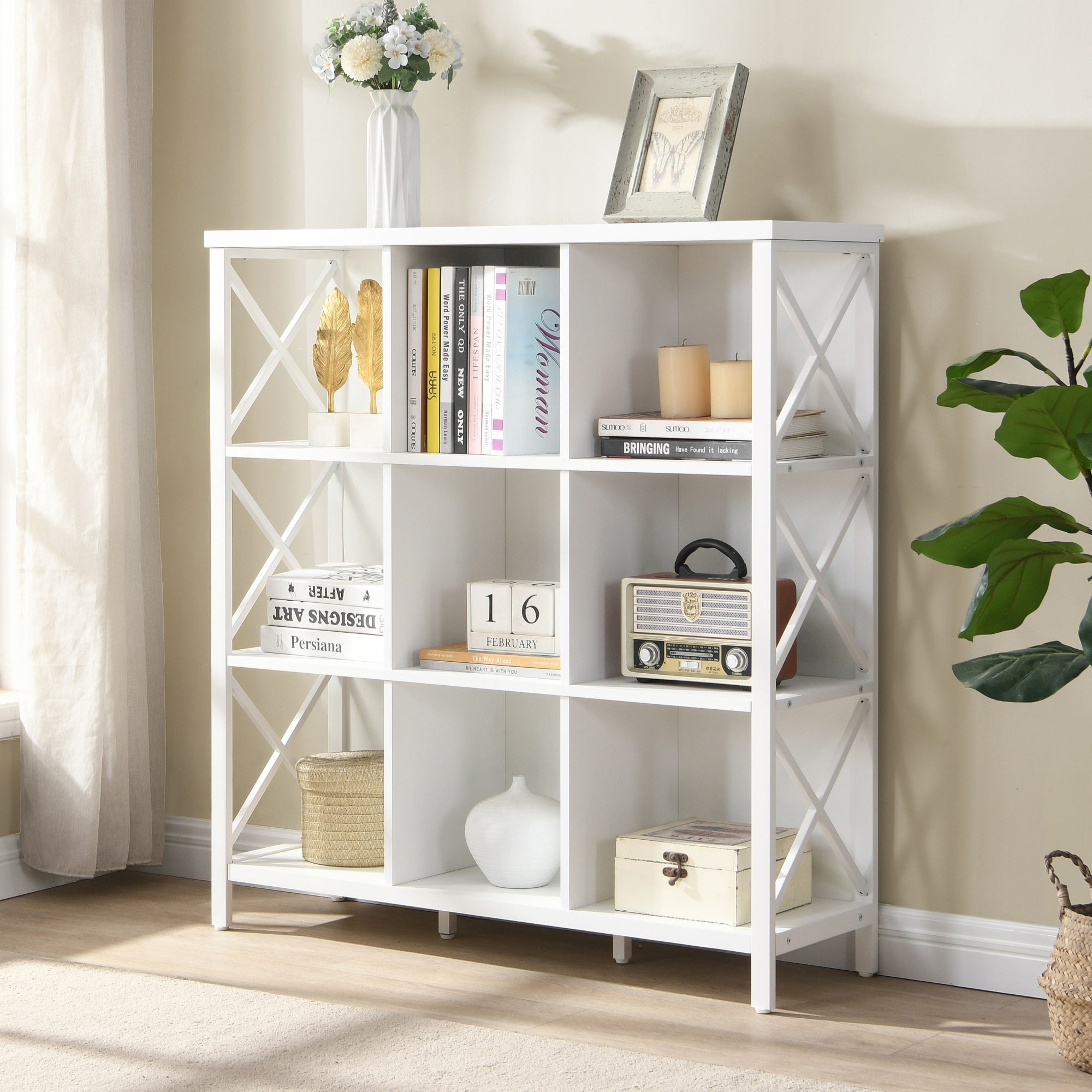 Rustic 9 Cube Storage Organizer Shelf, Industrial 4 Tier Cubby Bookcase