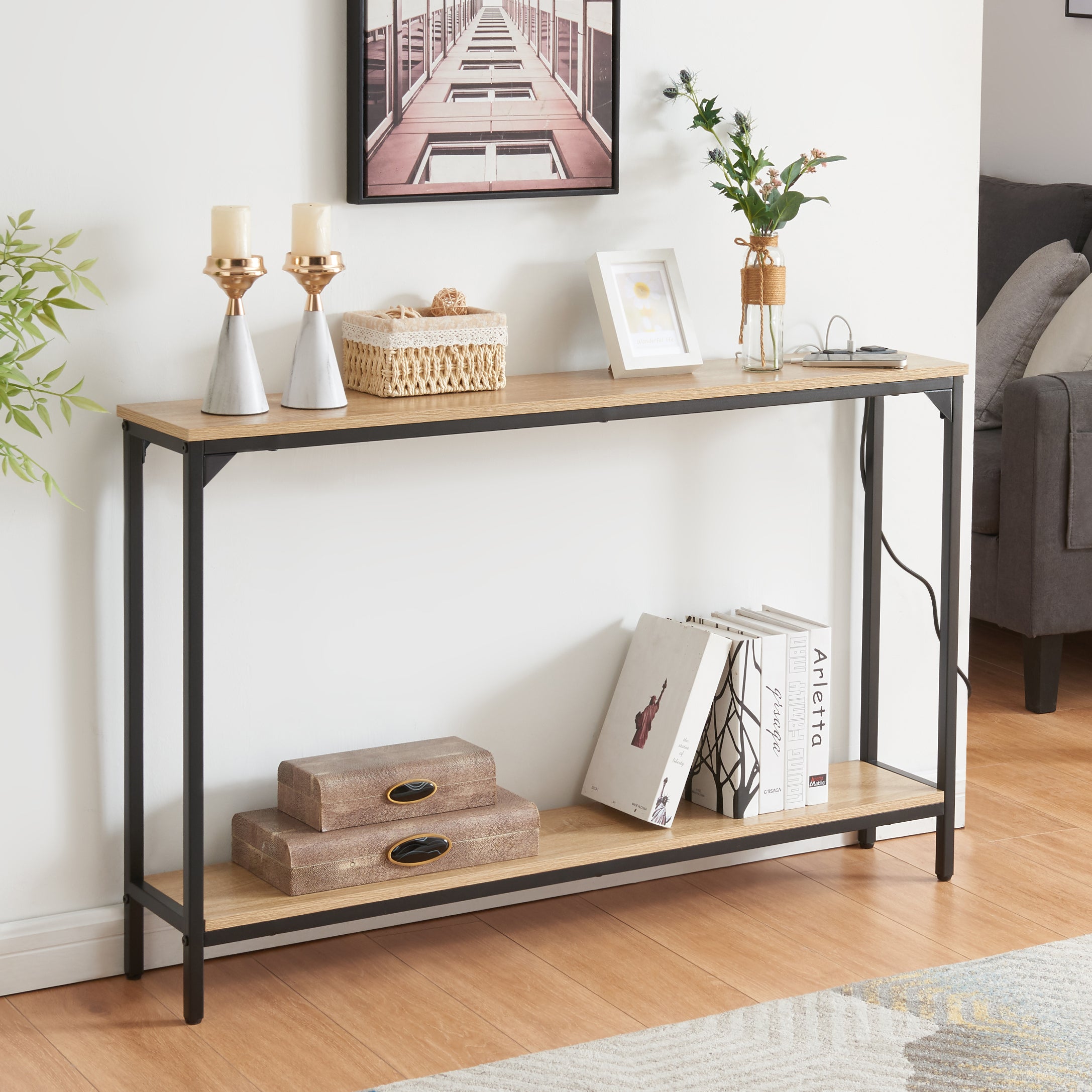 Console Table with Charging Station, 2-Tier Narrow Sofa Table